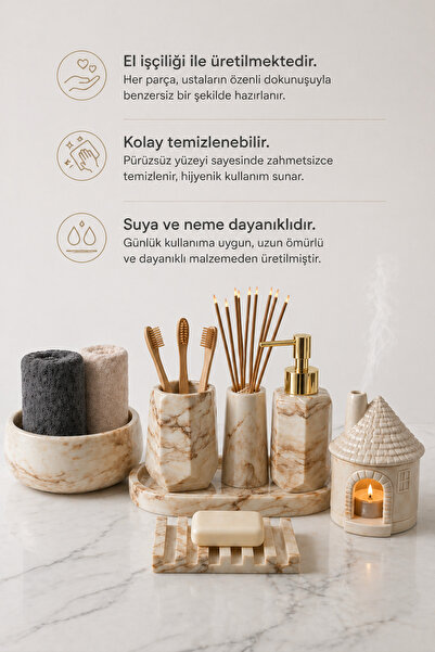 lufen deco Mermer Desenli Beton 7'li Banyo Wc Seti-Sıvı Sabunluk Sunum Tepsis...