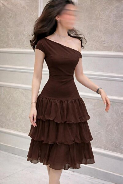 led style Layered Ruffle One Shoulder Midi Dress