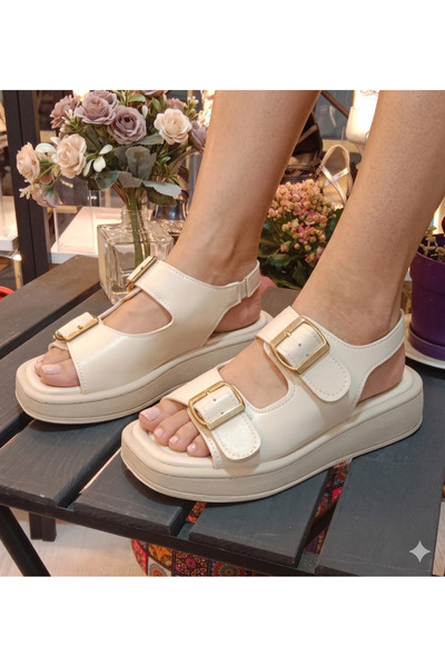 bitangosu Cream Comfortable Gold Buckle Daily Sandals
