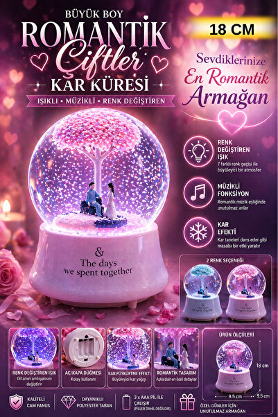 Tamsena Store Büyük Boy Işıklı Müzikli Romantik Çiftler Kar Küresi Renk Değiş...