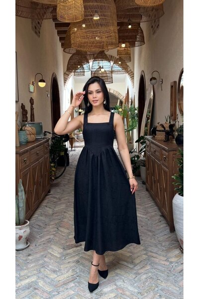 asyadabutik Kadın Kalın Askılı Yakma Keten Nakışlı Uzun Elbise