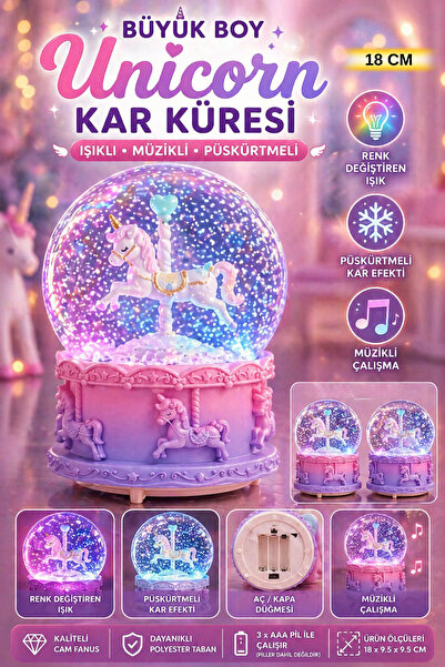 Tamsena Store Büyük Boy Unicorn Kar Küresi Işıklı Müzikli Püskürtmeli Renk De...