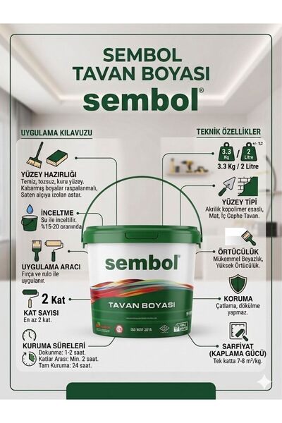 Sembol Tavan Boyası Mat Beyaz Fırça Ve Rulo İzi Oluşmaz Yerli Üretim 3.3 Kg