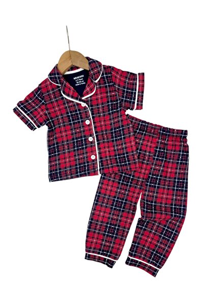 VOY KİDS Καλοκαιρινό καρό καρό εμπριμέ σετ πιτζάμες με διπλό γιακά για ηλικίε...