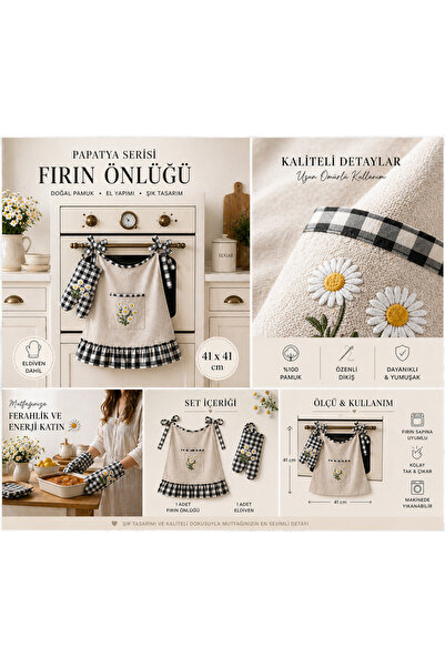 Sister Home Design Papatya Desenli Fırın Önlüğü ve Eldiven Seti 41x41 cm – Sa...