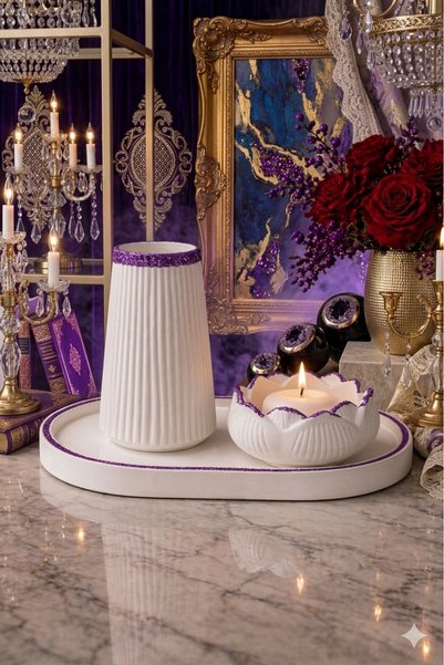 StoneVia Simli Modern Beyaz Çizgili Dekoratif Vazo & Lotus Mumluk Seti – Teps...