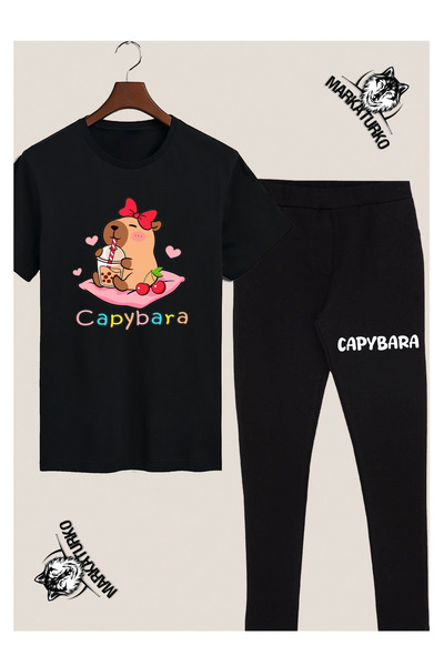 MarkaTurko مجموعة تي شيرت وبنطلون ضيق للأطفال باللون الأسود من تصميم CAPYBARA