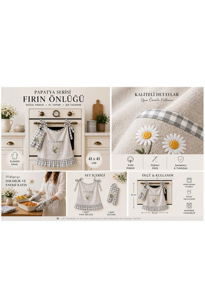 Sister Home Design Papatya Desenli Fırın Önlüğü ve Eldiven Seti 41x41 cm – Sa...