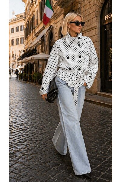 ibeeka Pink Polka Dot Trench Coat with Stand Collar Detail / Polkachic Belted...