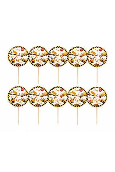 LİYA3D 10’lu İnşaat Temalı Pasta Kürdanı İş Makinesi Cupcake Süsü Kepçe Kamyo...