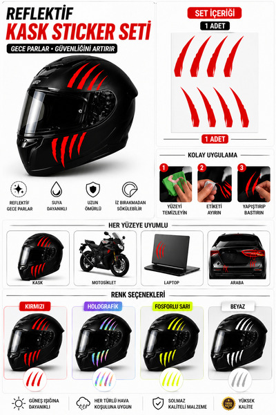 Etiket Dünyası Reflektif Kask Sticker Seti Tırmık İzi – Gece Parlayan Motor K...