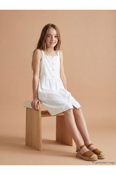 LC Waikiki Nevavm Girls' Poplin Dress with Square Collar and Straps