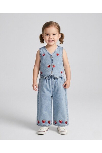 VOY KİDS Κοριτσίστικο καλοκαιρινό σετ τζιν με φράουλες, παντελόνι και γιλέκο,...
