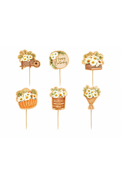LİYA3D 6’lı Papatya Temalı Pasta Süsü Happy Birthday Çiçekli Pasta Üstü Süs S...