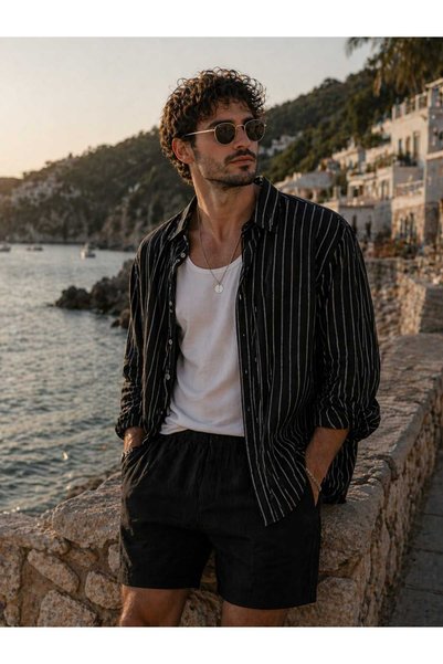 YNGMENCLASS Tensel Iron-Free, Thin Light Textured Fabric, Striped Draped Half-Oversize Summer Men's Shirt