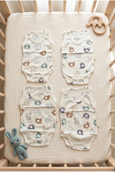 hobbe baby Pack of 4 Snap-Fastened Patterned Bodysuits 100% Cotton 1-3-6-9 Mo...