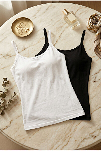 fevien Women's 2-Pack Thin String Strap Cotton Flexible Basic Undershirt Set ...