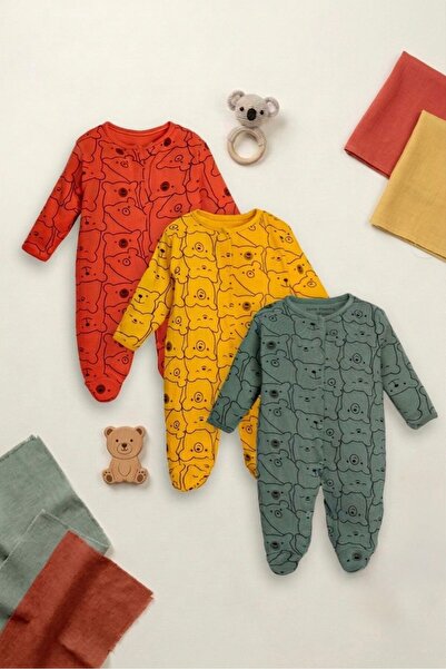 Mielco %100 Pamuk Unisex Bebek 3'lü Patikli Tulum Seti Ayıcıklar Desenli