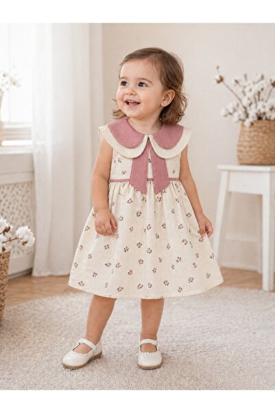 Pure Boutique Κρεμ φόρεμα κοριτσιού με τυπωμένο και κομψό ροζ διπλό γιακά