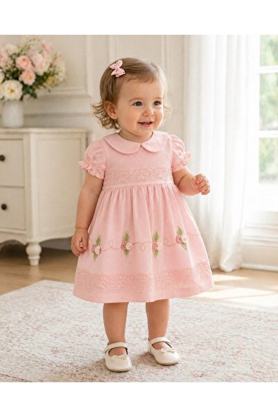 Pure Boutique Κομψό ροζ βαμβακερό φόρεμα με φλοράλ κέντημα και συμπεριλαμβανό...