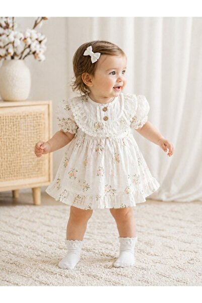 Pure Boutique Κοριτσίστικο βαμβακερό φόρεμα με στάμπα και λεπτεπίλεπτα βολάν