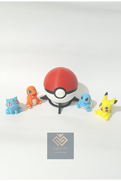 saha3d sıradışı tasarımlar 4'lü Pokemon seti ve 1 adet stantlı Poke topu (Pik...