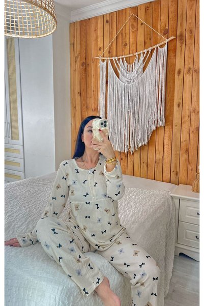 ByGamzeArman Buttoned Teddy Bear Patterned Maternity and Postpartum Pajama Set