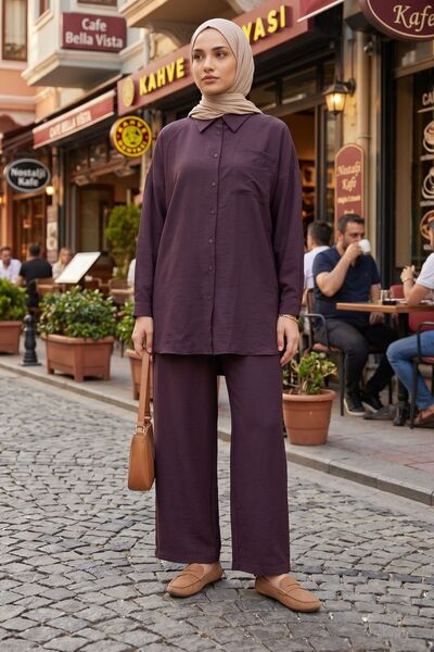 Genel Markalar Kadın İkili Tesettür Takım Oversize Gömlek Pantolon Rahat Kalı...