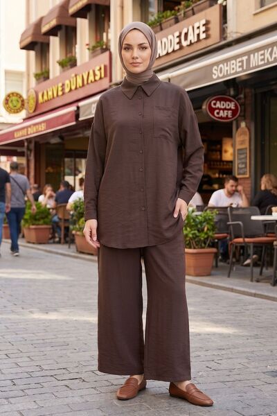 adamila Kadın İkili Tesettür Takım Oversize Gömlek Pantolon Rahat Kalıp Yazlı...