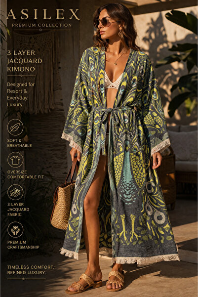 Asilex Home Collection 3 στρώσεις 100% βαμβακερό κιμονό με σχέδιο παγώνι, Pre...