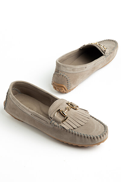 Rek Shoes Kadın Bej Tokalı Süet Hakiki Deri Ortopedik Taban Loafer Günlük Aya...