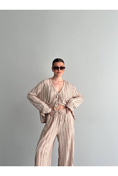 Bella Breeze Γυναικείο Σετ Παντελόνι και Πουκάμισο με Υφή, με Λεπτομέρεια Δεσ...