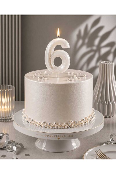 PARTİ AŞKI 6 Yaş Beyaz Sedefli Rakam Mum - Doğum Günü Pasta Mumu - Cupcake Mumu