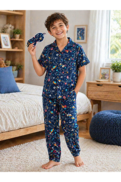 kahkaha kids Erkek Çocuk Uzay Desenli Kısa Kollu Pijama Takımı Göz Bantlı Rah...