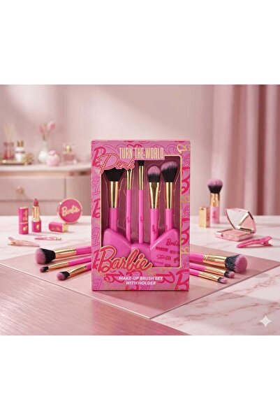 Barbie Σετ 5 πινέλων μακιγιάζ με θήκη με φιόγκο, Ροζ/Χρυσό