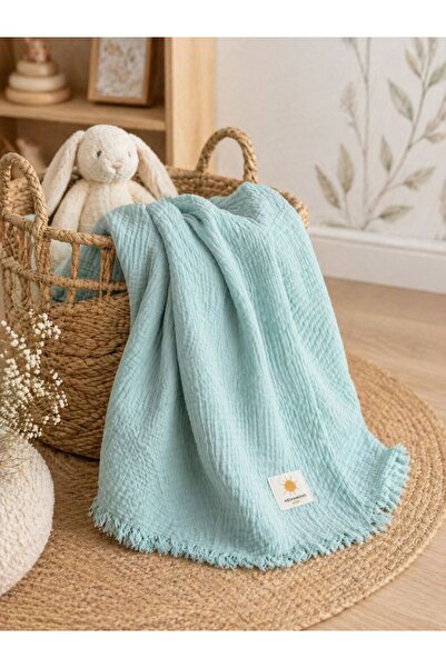 Heianmono Kids 4 Layer Nile Green 100% Cotton Muslin Fringed Baby Blanket (10...