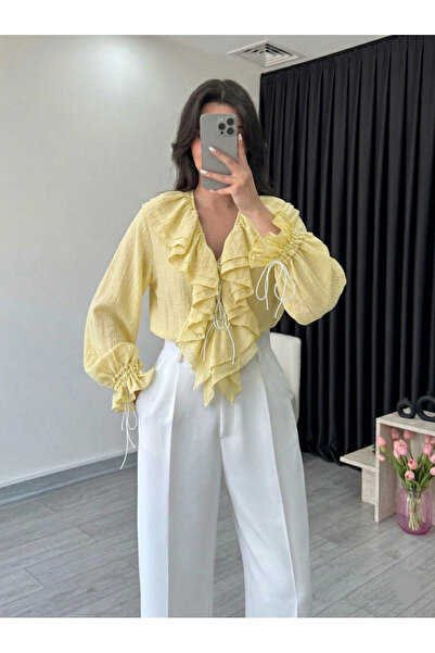 Lovely butik KADIN FIRFIRLI BAĞLAMALI BLUZ VOLAN KOL ŞIK KRUVAZE BLUZ