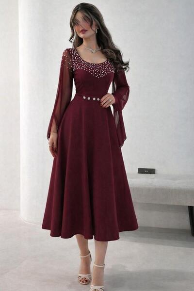 led style Sparkling Sequined Midi Dress with Flared Chiffon Sleeves