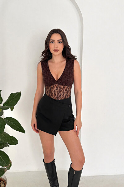 MİROR Lace V-Neck Zero Sleeve Snap Fastener Women's Bodysuit