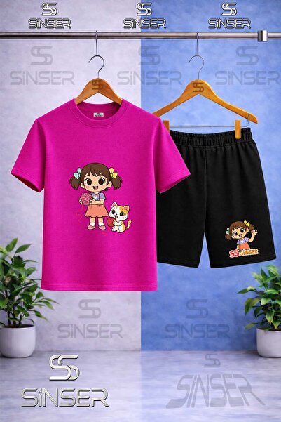 SS SİNSER Children's Sinser Girl Cat Ip Printed Crew Neck T-Shirt - Shorts Set