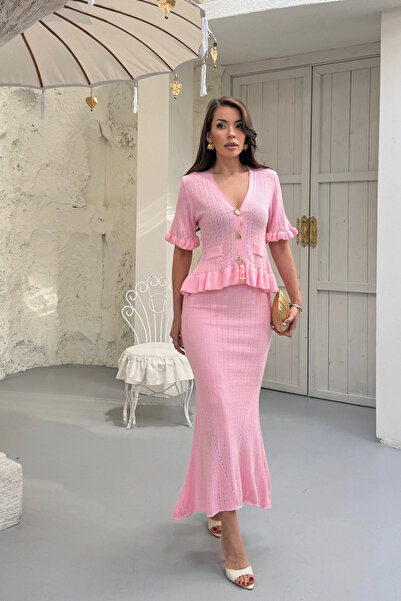 Lusin Γυναικεία ροζ μπλούζα με λεπτομέρεια V-λαιμόκοψη και μίντι φούστα, διπλ...