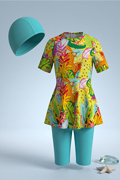 CUPSEA Κοριτσίστικο μαγιό τριών τεμαχίων με κοντό μανίκι, φούστα και κολάν