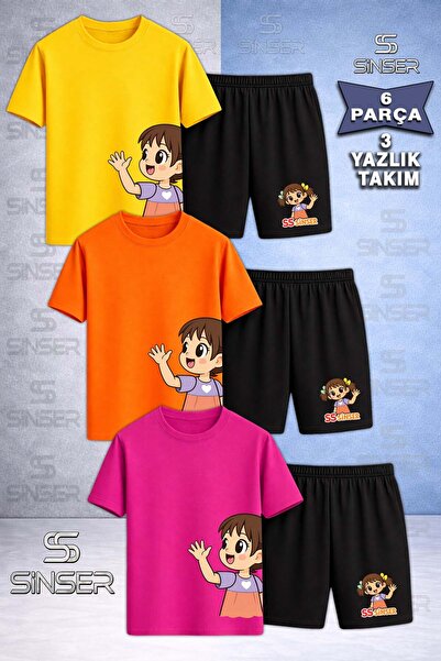 SS SİNSER Children's Sinser Girls' Left Side Printed Crew Neck 3-Piece T-Shir...