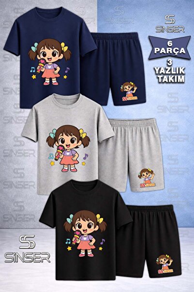 SS SİNSER Children's Sinser Girls Microphone Printed Crew Neck 3-Piece T-Shir...