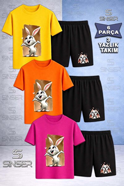 SS SİNSER Children's Tavsan Canvas Brown Printed Crew Neck 3-Piece T-Shirt - ...