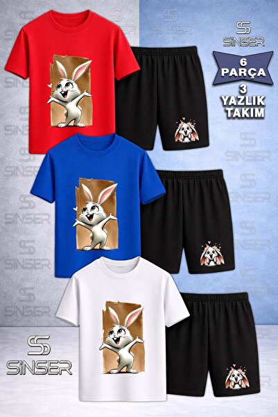 SS SİNSER Children's Tavsan Canvas Brown Printed Crew Neck 3-Piece T-Shirt - ...
