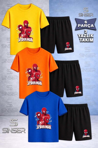 SS SİNSER Children's Orumcekman 3Lu Head White Tvl Printed Crew Neck 3L T-Shi...
