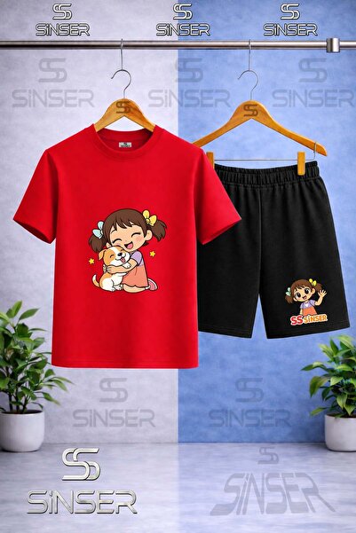 SS SİNSER Παιδικό μπλουζάκι με στάμπα SINSER GIRL HUGGING DOG - Σετ σορτς