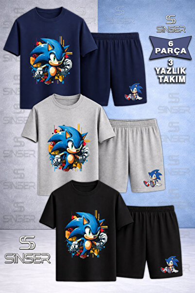 SS SİNSER Children's Snic Half Fist Printed Crew Neck 3-Piece T-Shirt - Short...