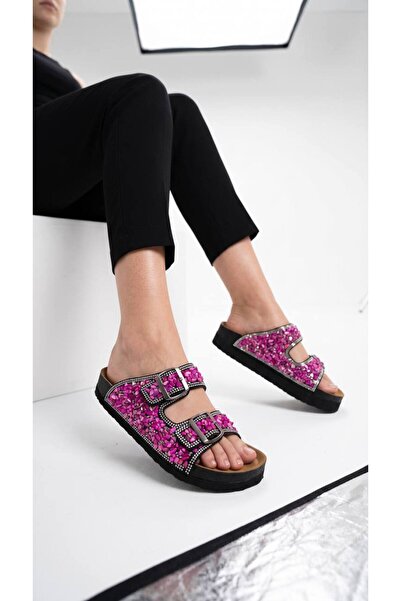 Lidora Women's Pink Stone Two-Buckle Slippers Ayk1030
